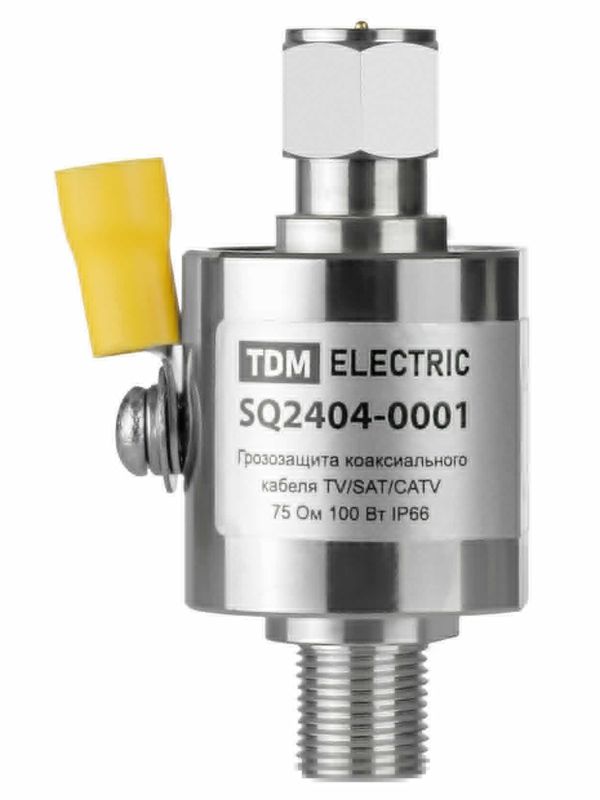 Грозозащита коаксиального кабеля TV/SAT/CATV, F-гнездо/F-штекер 75 Ом DC-2,5 ГГц, газ, 100Вт, с заземляющим наконечником, IP67, TDM