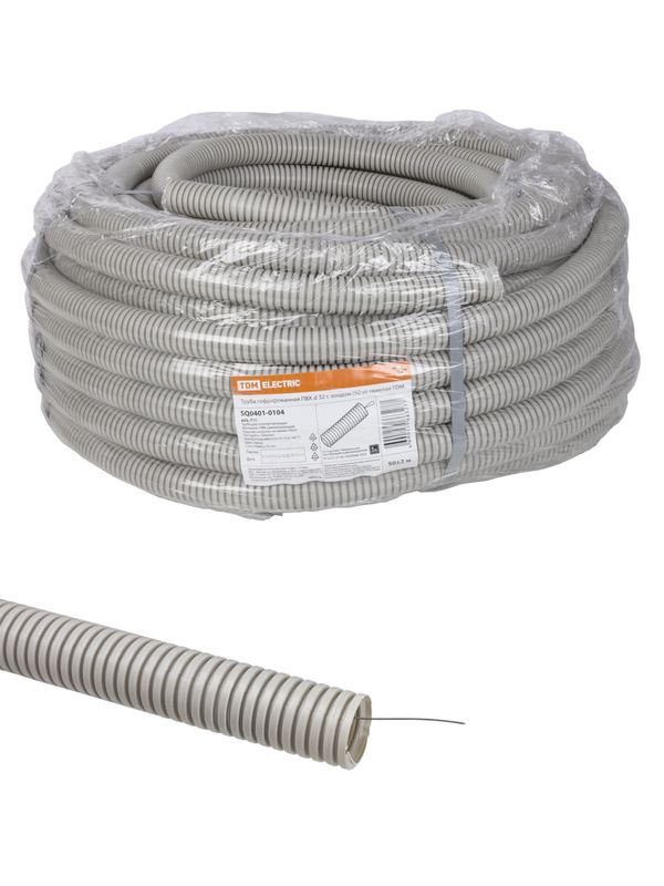 Труба гофрированная ПВХ d 32 с зондом (50 м) тяжелая 750Н серая TDM
