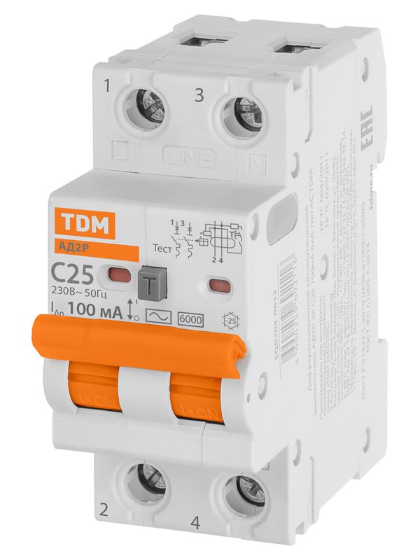 Дифференциальный автоматический выключатель АД2P 2Р С25 100мА 6кА тип АС TDM