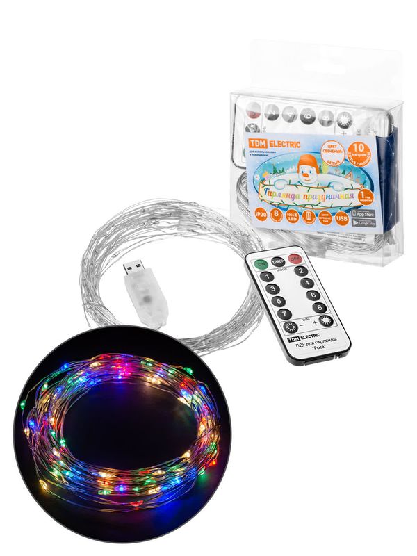 Гирлянда светодиодная "Роса 100-Д" 10 м, 100LED, многоцветн., ПДУ, USB, IP20, TDM