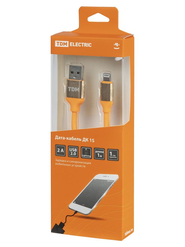 Дата-кабель, ДК 15, USB - Lightning, 1 м, силиконовая оплетка, оранжевый, TDM — изображение 3