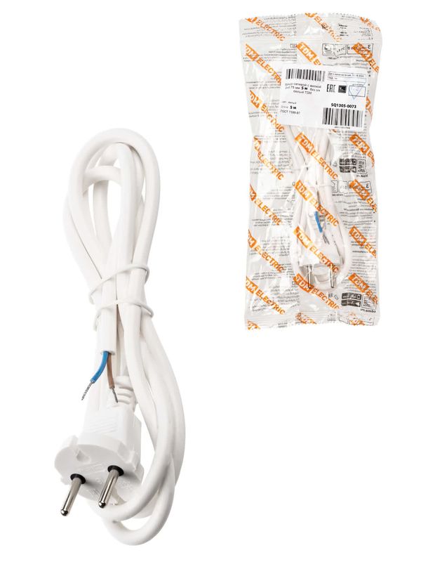 Шнур сетевой с вилкой ПВС-ВП 2x0,75мм² 5м б/з белый TDM