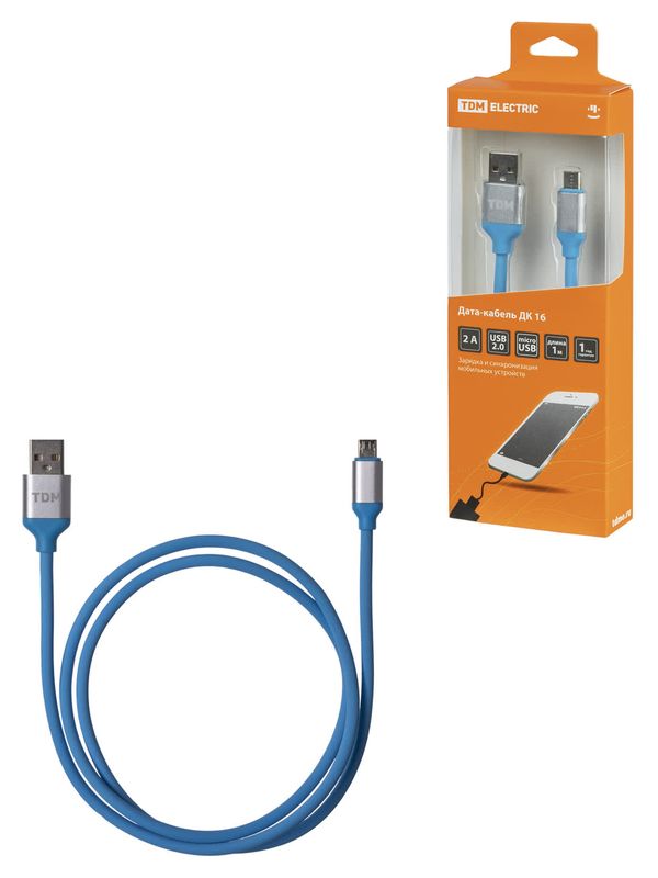 Дата-кабель, ДК 16, USB - micro USB, 1 м, силиконовая оплетка, голубой, TDM — изображение 2