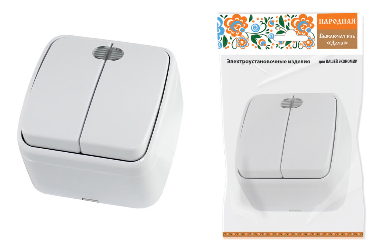 "Выключатель 2-кл. открытой установки с подсветкой IP20 10А, белый ""Дача"" Народная" SQ1824-0004