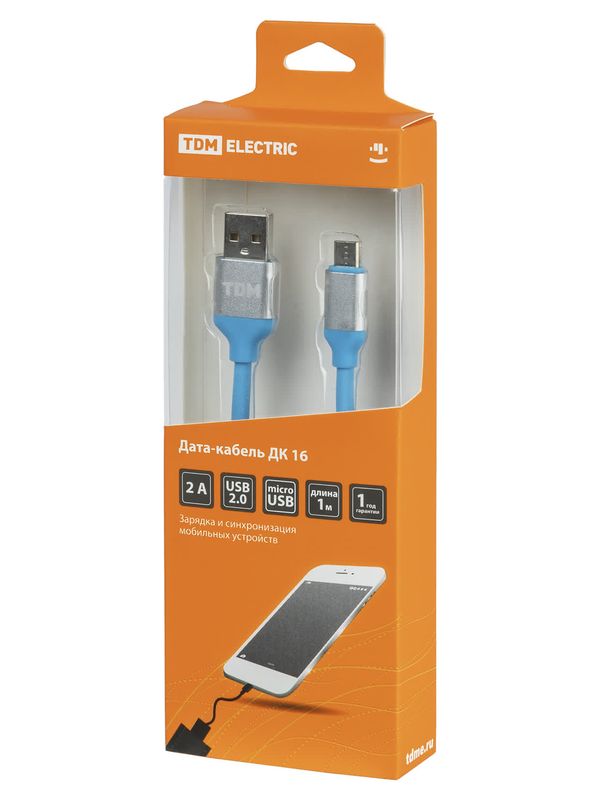 Дата-кабель, ДК 16, USB - micro USB, 1 м, силиконовая оплетка, голубой, TDM — изображение 3