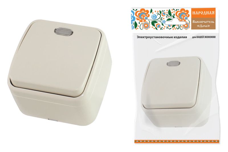 "Выключатель 1-кл. открытой установки с подсветкой IP20 10А, сл. кость ""Дача"" Народная" SQ1824-0018