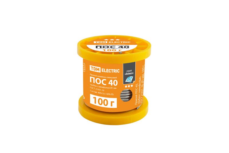 "Припой ПОС 40, трубка с канифолью, ГОСТ 21931-76, ?1 мм, 100 г, катушка, серия ""Алмаз"" TDM"