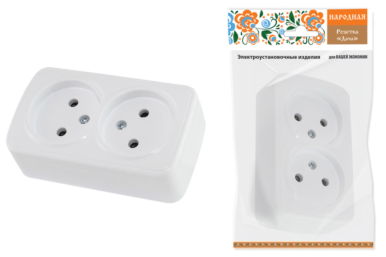 "Розетка двойная 2П открытой установки IP20 10А, белая ""Дача"" Народная" SQ1824-0009