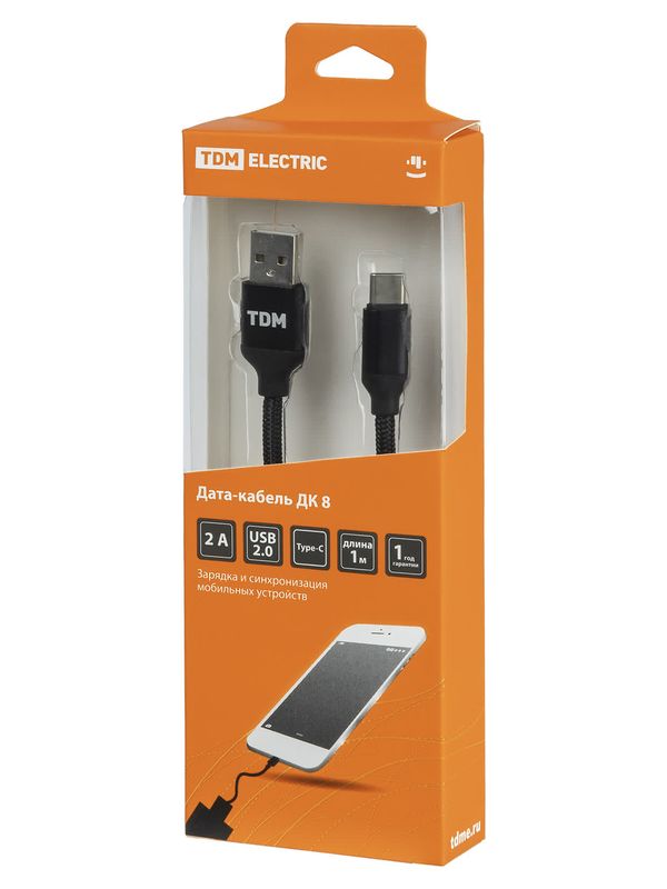 Дата-кабель, ДК 8, USB - USB Type-C, 1 м, тканевая оплетка, черный, TDM — изображение 4