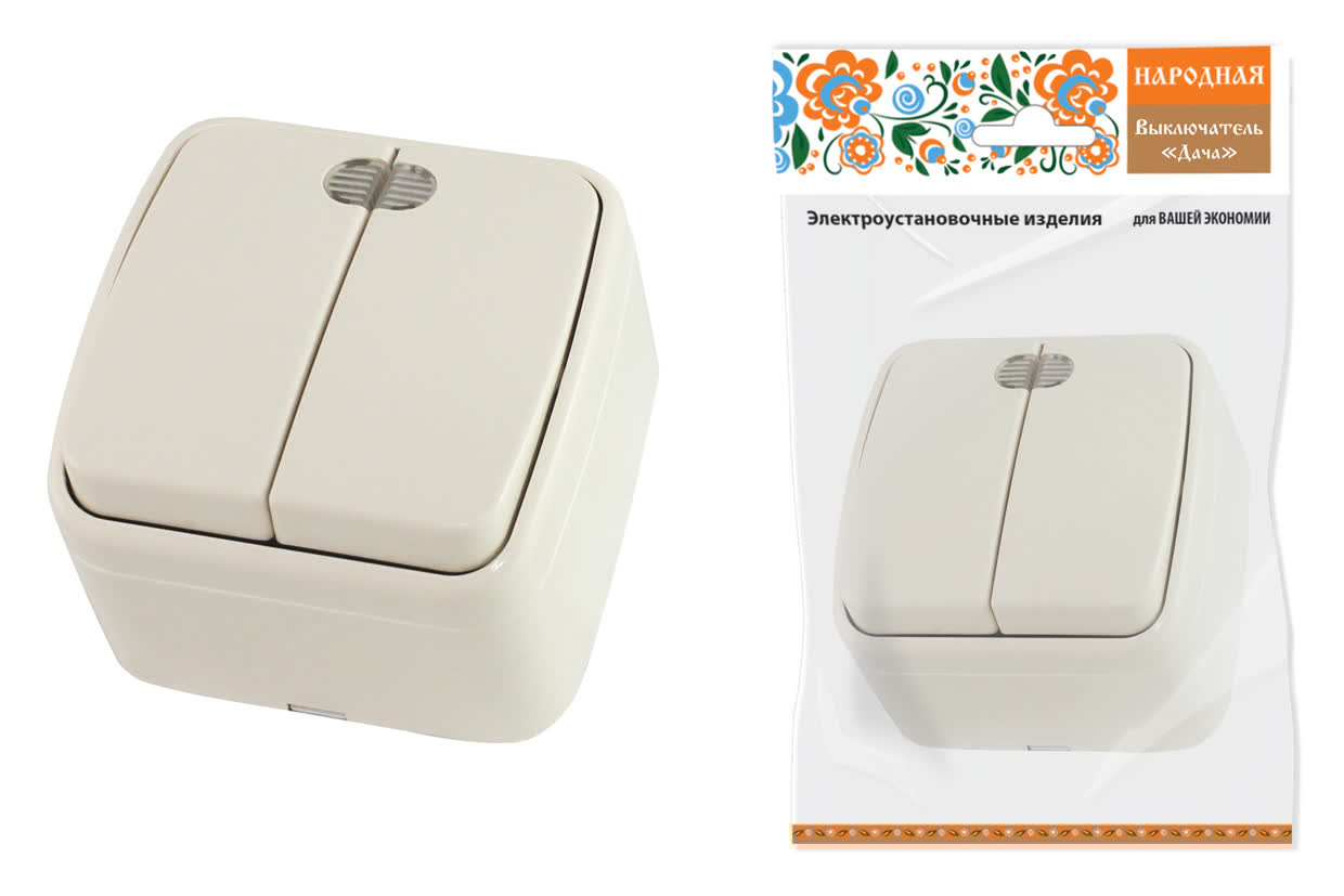 "Выключатель 2-кл. открытой установки с подсветкой IP20 10А, сл. кость ""Дача"" Народная" SQ1824-0017