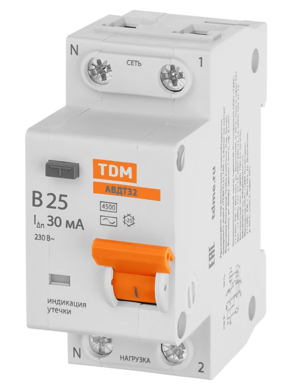 АВДТ 32 2P(1P+N) B25 30мА 4,5кА тип АС - Автоматический Выключатель Дифференциального тока TDM