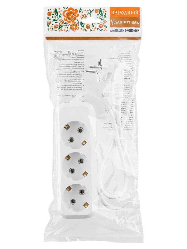 Удлинитель народный УН03  3 гнезда, 3 метра, с/з, ПВС 3х0,75мм2  10А/250В SQ1303-1041