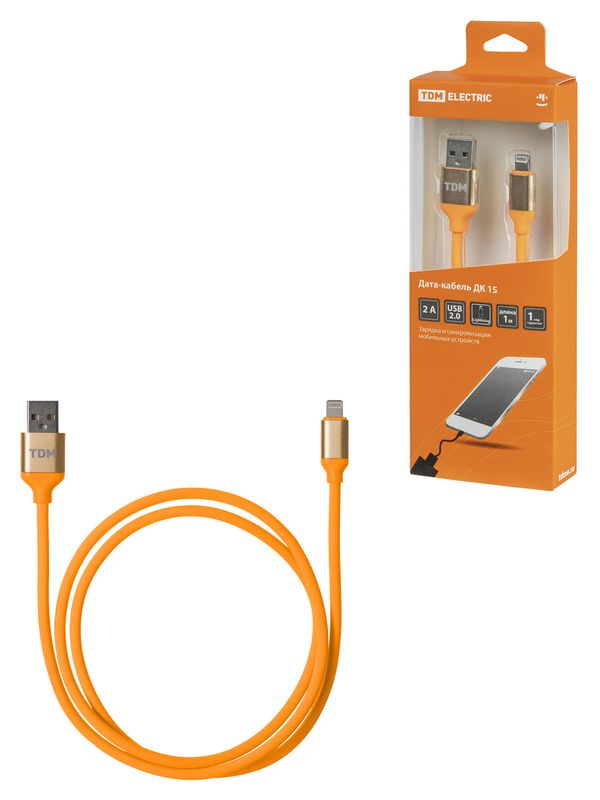 Дата-кабель, ДК 15, USB - Lightning, 1 м, силиконовая оплетка, оранжевый, TDM — изображение 2