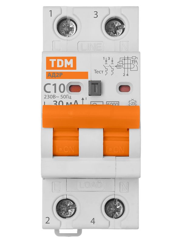 Дифференциальный автоматический выключатель АД2P 2Р С10 30мА 6кА тип АС TDM
