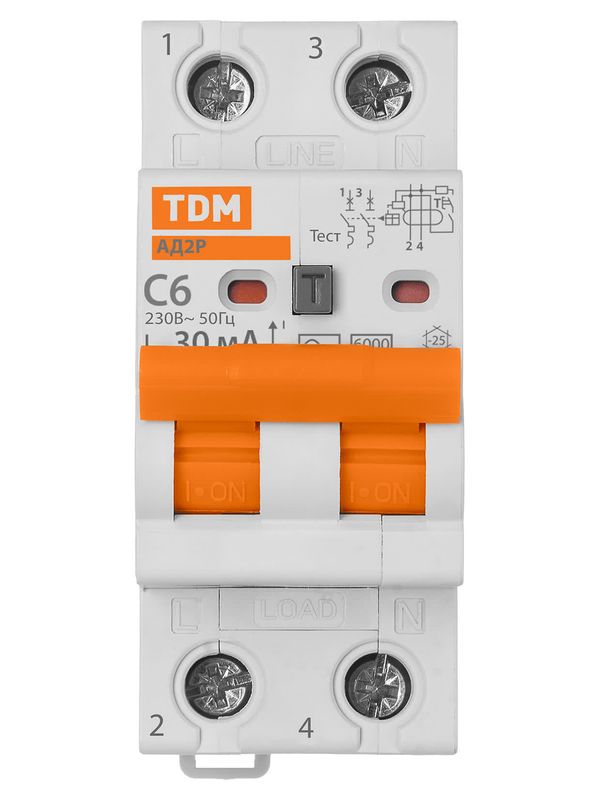 Дифференциальный автоматический выключатель АД2P 2Р С6 30мА 6кА тип АС TDM