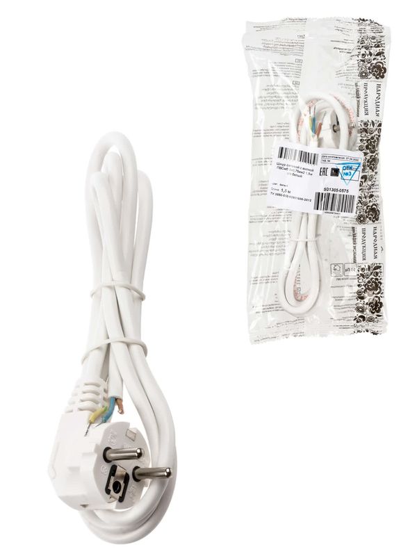 Шнур сетевой с вилкой ПВС-ВП 3x0,75мм2 1,5м с/з белый Народный