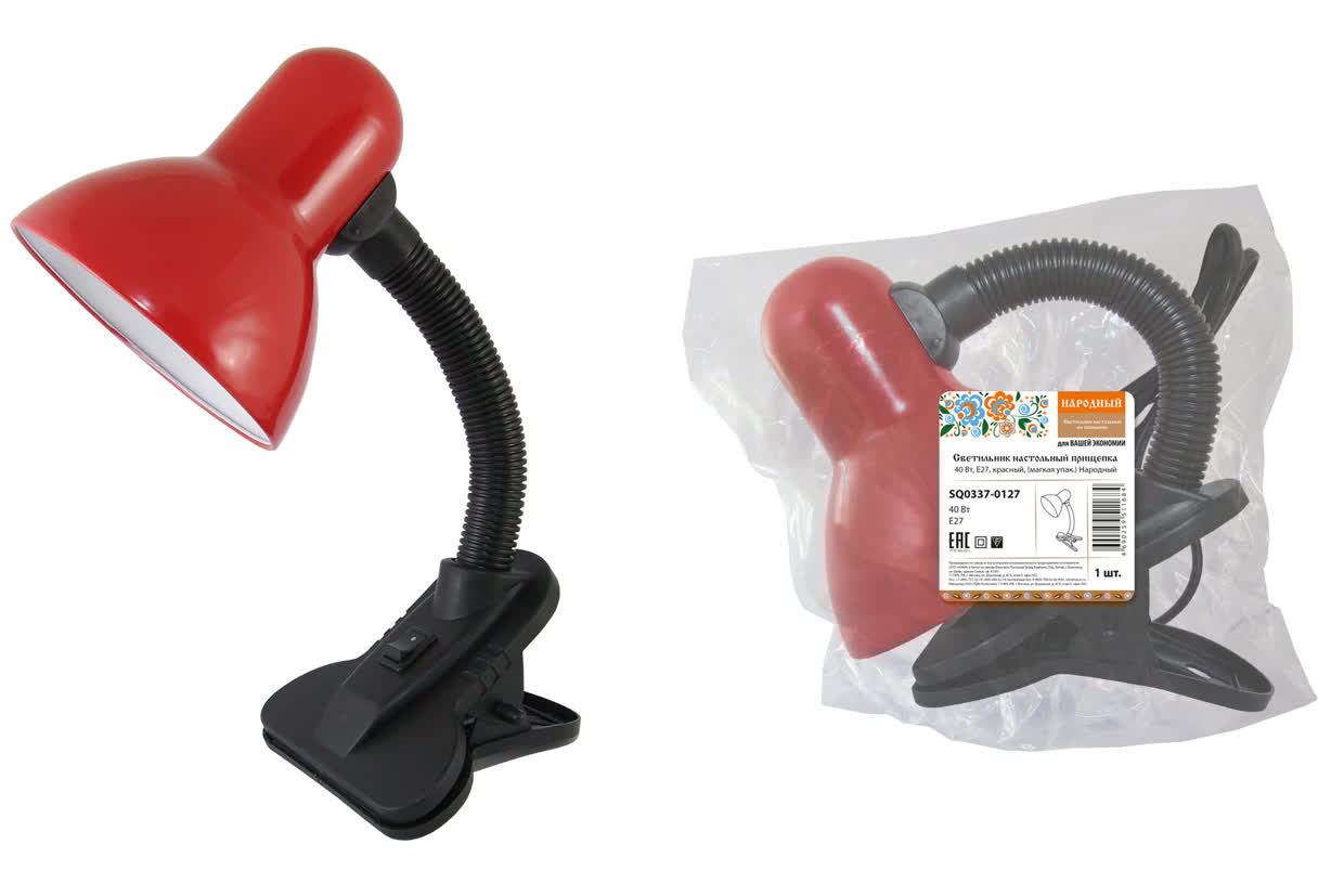 Светильник настольный прищепка 40Вт, E27, красный, (мягкая упак.) Народный SQ0337-0127