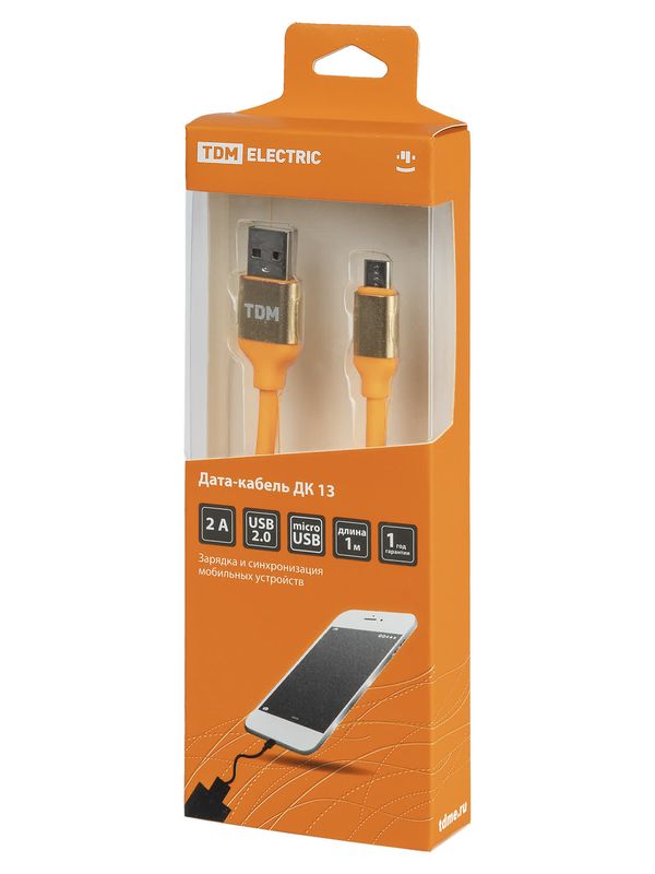 Дата-кабель, ДК 13, USB - micro USB, 1 м, силиконовая оплетка, оранжевый, TDM — изображение 4