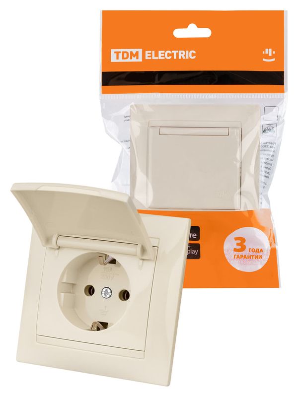 Розетка 2П+З 16А 250В IP44 с крышкой сл. кость "Лама" TDM