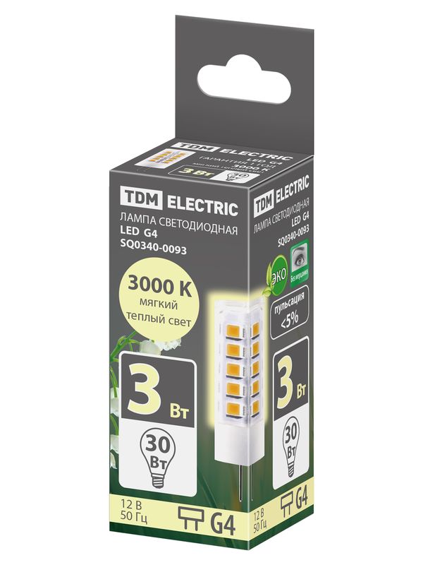 Лампа светодиодная G4-3 Вт-AC/DC 12 В-3000 К, SMD, 16x43 мм TDM