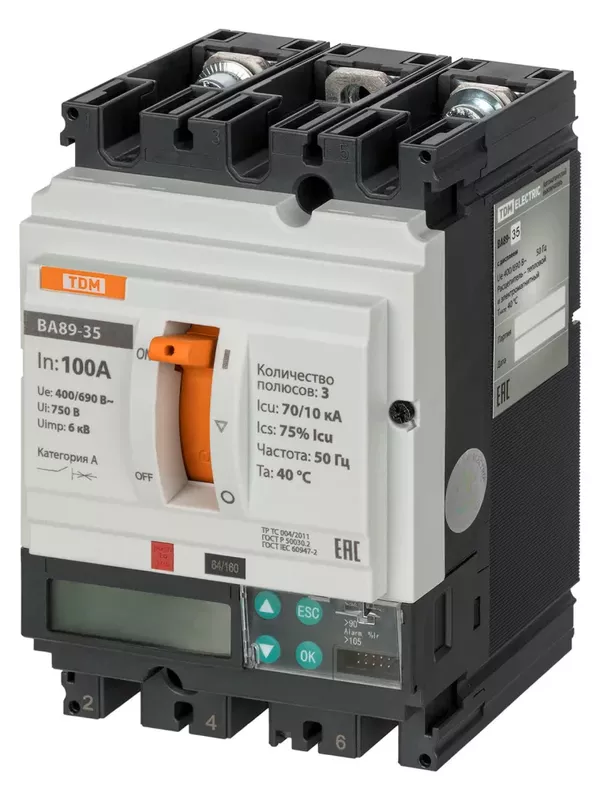 Автоматический выключатель ВА89-35 3Р 100А 70кА (ЭР-ЖК дисплей) TDM