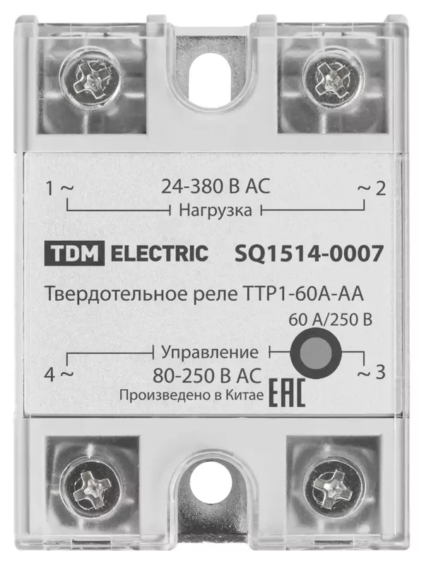 Твердотельное реле ТТР1-60А-AА, 1ф, 60А, упр: 80-250В AС, нагр: 24-380В АС TDM
