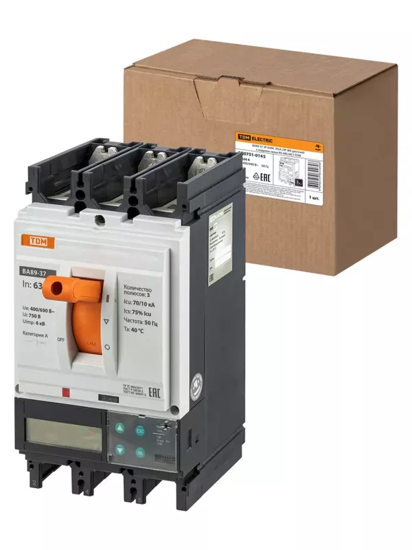Автоматический выключатель ВА89-37 3Р 630А 70кА (ЭР-ЖК дисплей) с модулем связи RS-485 МС1 TDM