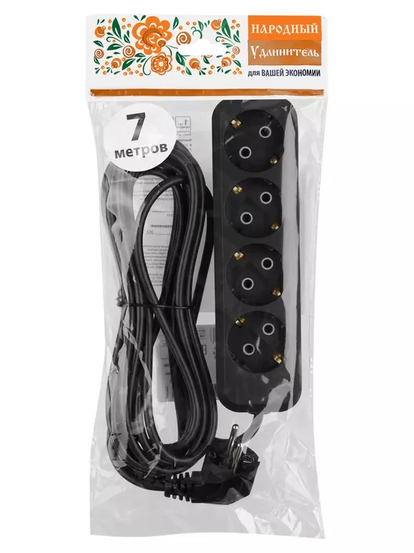 Удлинитель 4 гнезда, 7 метров, с/з, 10 А, 2300 Вт, черный, НАРОДНЫЙ У1-42050 (Ун1 420-0001)