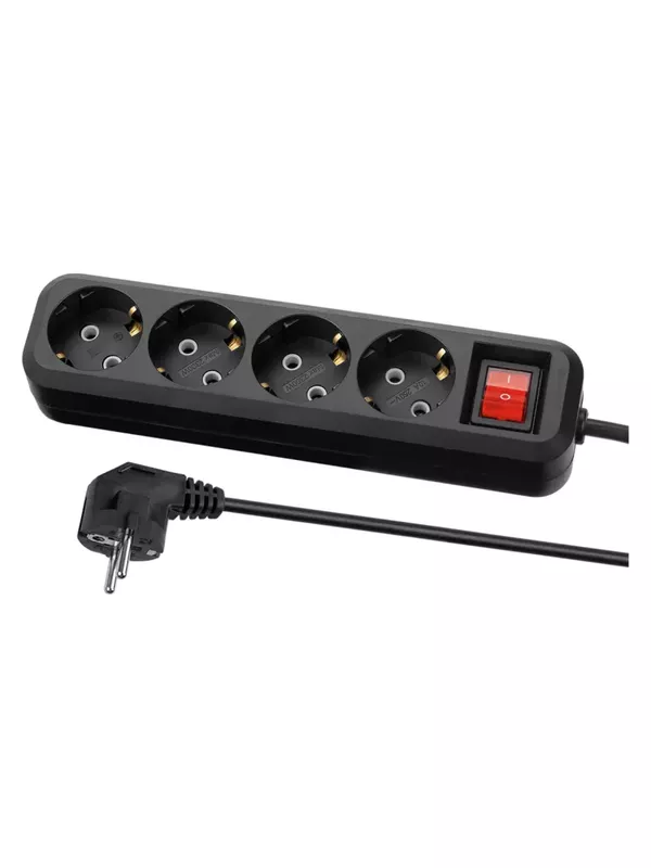 Удлинитель 4 гнезда, 5 метров, с/з, выкл., 10 А, 2300 Вт, черный, НАРОДНЫЙ У1-42056 (Ун1 421-0001)