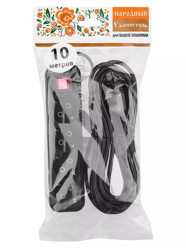 Удлинитель 4 гнезда, 10 метров, с/з, выкл., 10 А, 2300 Вт, черный, НАРОДНЫЙ У1-42056 (Ун1 421-0001)