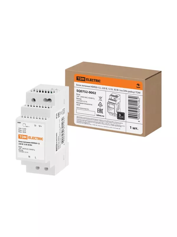 Блок питания HDR30-12, 220 В, 12 В, 30 Вт (на DIN-рейку) TDM