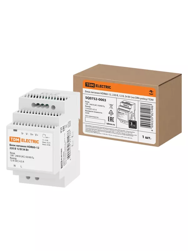 Блок питания HDR60-12, 220 В, 12 В, 54 Вт (на DIN-рейку) TDM