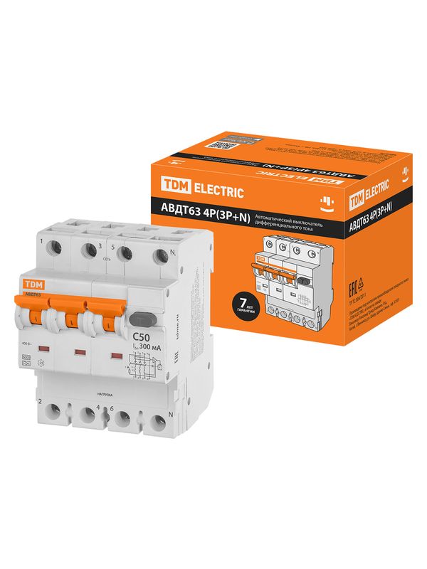 АВДТ 63 4P(3Р+N) C50 300мА 6кА тип А TDM SQ0202-0054