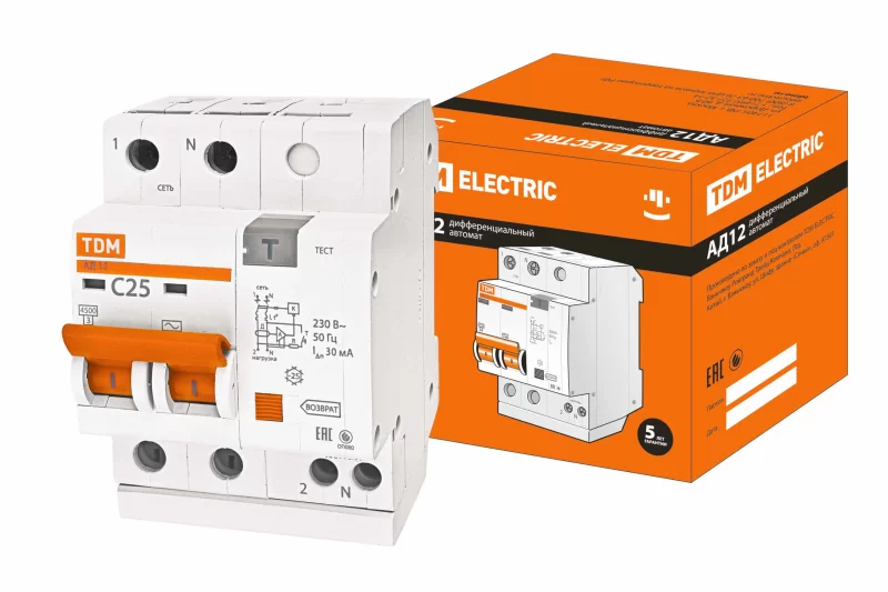 Диф.автомат АД12 2Р 25А 30мА TDM SQ0204-0011