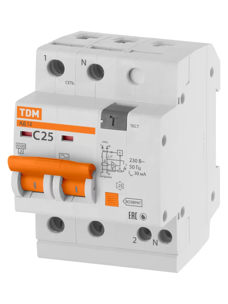 Диф.автомат АД12 2Р 25А 30мА TDM SQ0204-0011 — изображение 2