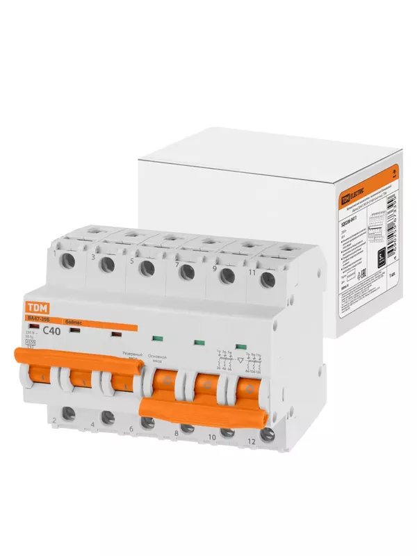Автоматический выключатель с механической блокировкой (байпас) ВА47-29Б 3Р+3Р 40А 4,5кА х-ка C TDM
