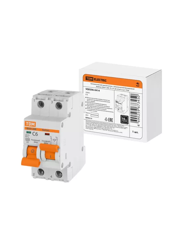 Автоматический выключатель с механической блокировкой (байпас) ВА47-29Б 1Р+1Р 6А 4,5кА х-ка C TDM