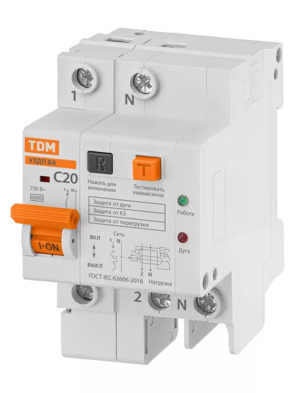 Устройство защиты от дугового пробоя (УЗДП) с автоматическим выключателем 1P+N 20А 6кА х-ка С TDM