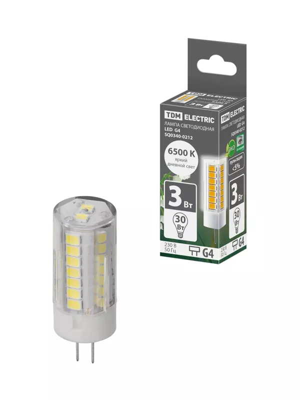 Лампа светодиодная G4-3 Вт-230 В-6500 К, SMD, 16x43 мм TDM