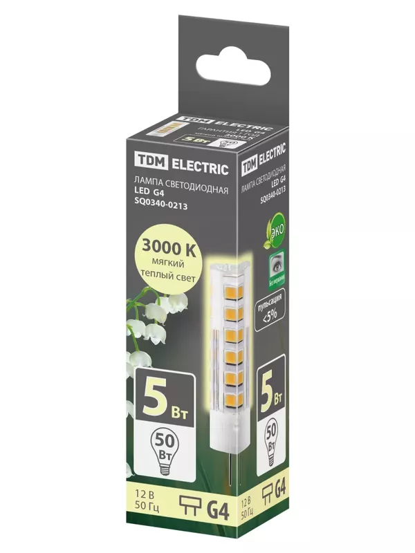 Лампа светодиодная G4-5 Вт-AC/DC 12 В-3000 К, SMD, 16x57 мм TDM — изображение 3