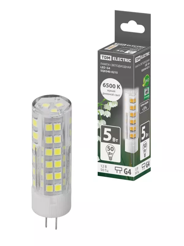 Лампа светодиодная G4-5 Вт-AC/DC 12 В-6500 К, SMD, 16x57 мм TDM