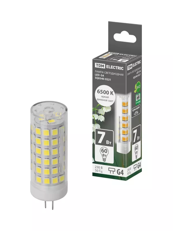 Лампа светодиодная G4-7 Вт-230 В-6500 К, SMD, 18,5x57 мм TDM
