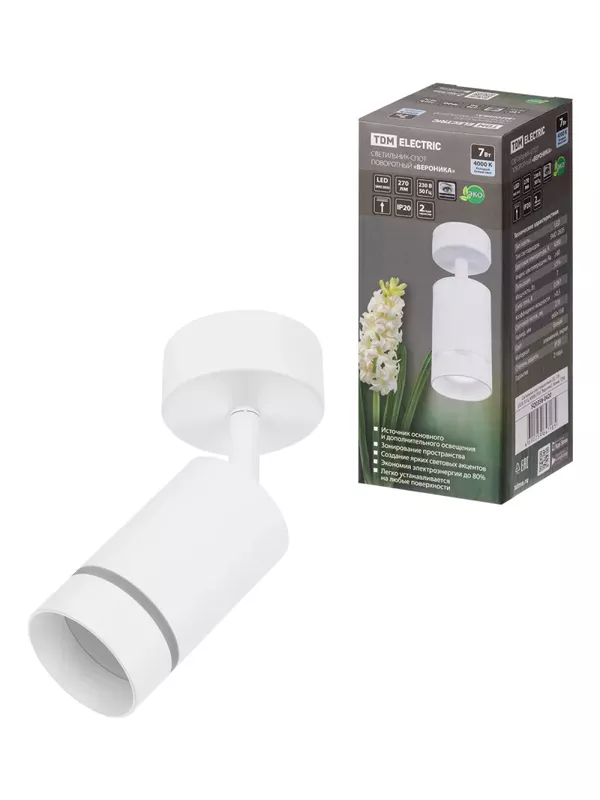 Светильник-спот поворотный LED, 7 Вт, 230 В, 50 Гц, 4000К, IP20, "Вероника", белый, TDM