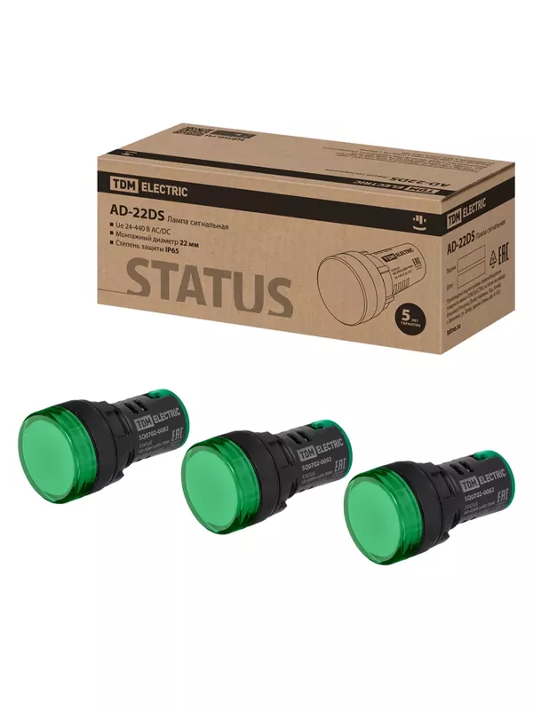 STATUS Лампа сигнальная AD-22DS, LED, d22 мм, 24-440 В AC/DC, IP65, зеленый TDM