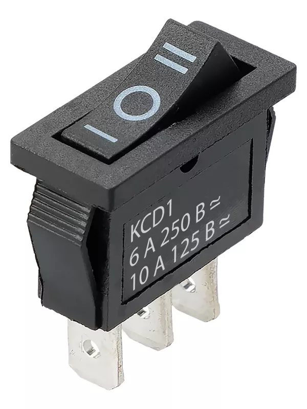 Переключатель клавишный KCD1-103 250В AC/DC, 1P, 6А, (3с), ON-OFF-ON, с нейтральным положением, черный, Mini TDM