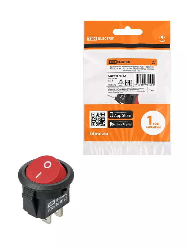 Выключатель клавишный круглый KCD11-101 250В AC/DC, 1P, 3А, (2с), ON-OFF, черный корпус, красная клавиша, Micro TDM