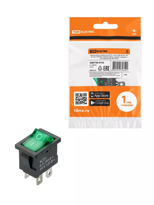 Выключатель клавишный KCD1-201N 250В AC/DC, 2P, 6А, (4с), ON-OFF, черный корпус, зеленая клавиша с LED подсветкой, Mini TDM