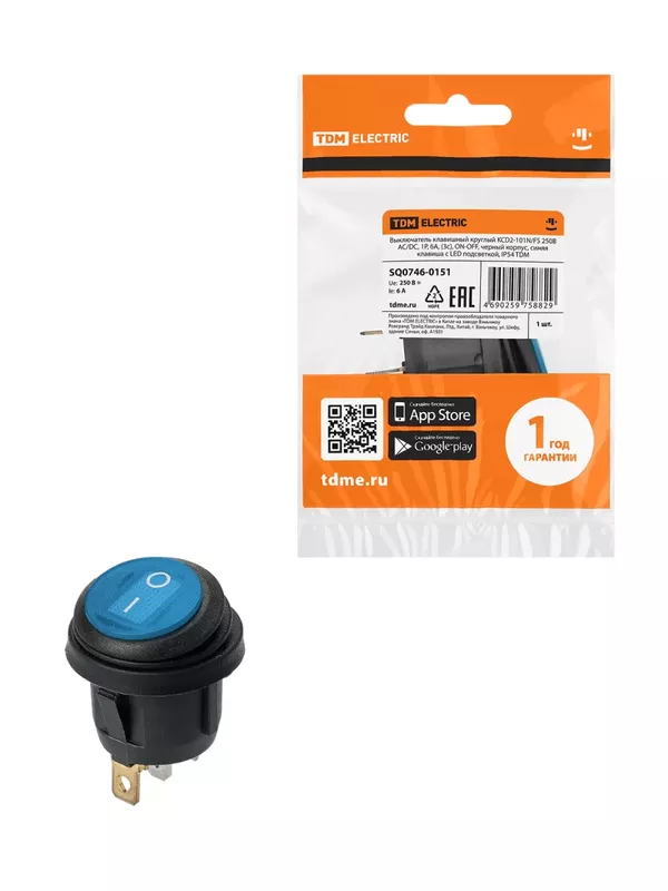 Выключатель клавишный круглый KCD2-101N/FS 250В AC/DC, 1P, 6А, (3с), ON-OFF, черный корпус, синяя клавиша с LED подсветкой, IP54 TDM