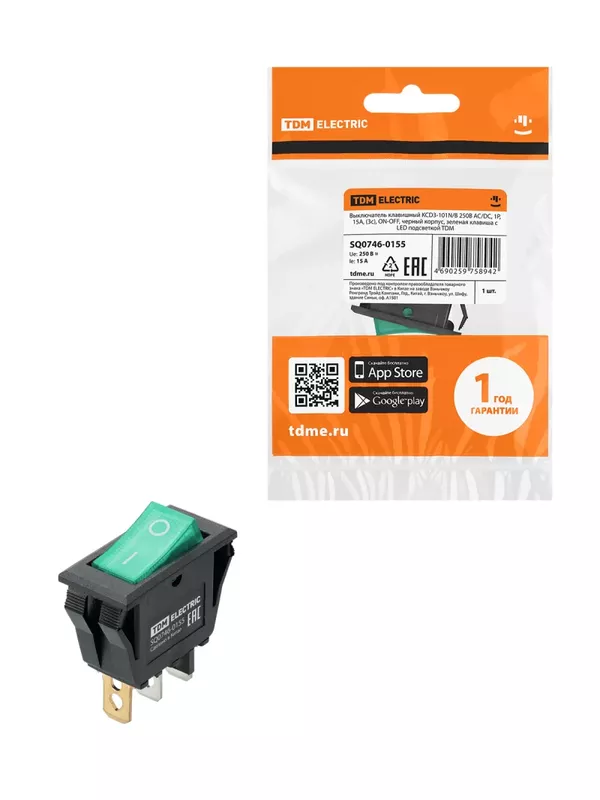 Выключатель клавишный KCD3-101N/B 250В AC/DC, 1P, 15А, (3с), ON-OFF, черный корпус, зеленая клавиша с LED подсветкой TDM