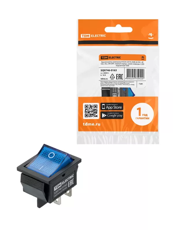 Выключатель клавишный KCD4-201N 250В AC/DC, 2P, 16А, (4с), ON-OFF, черный корпус, синяя клавиша с LED подсветкой TDM